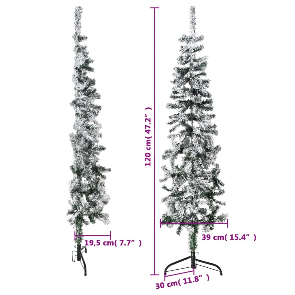 Jumătate brad de Crăciun artificial subțire, cu zăpadă, 120 cm