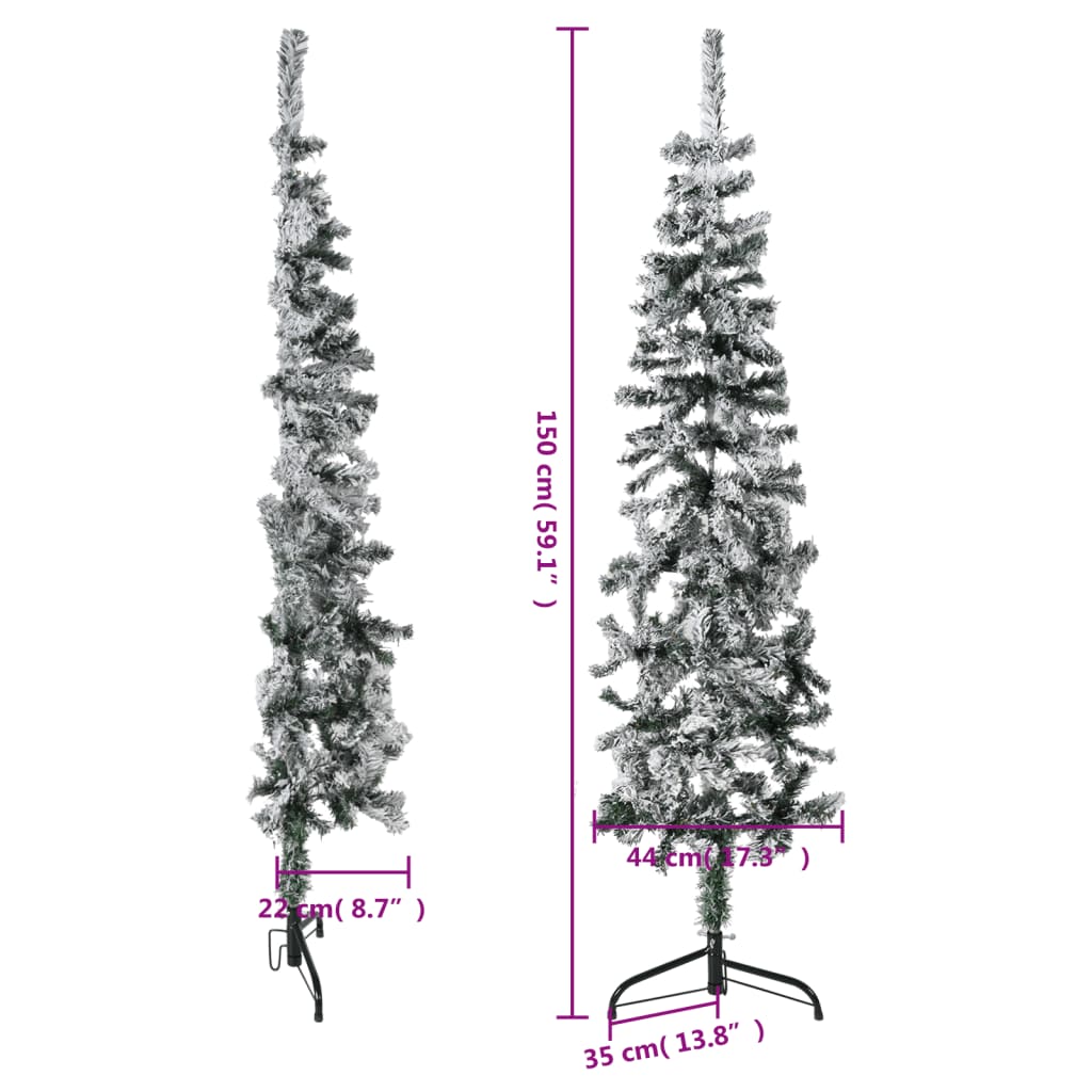 Jumătate brad de Crăciun artificial subțire, cu zăpadă, 150 cm