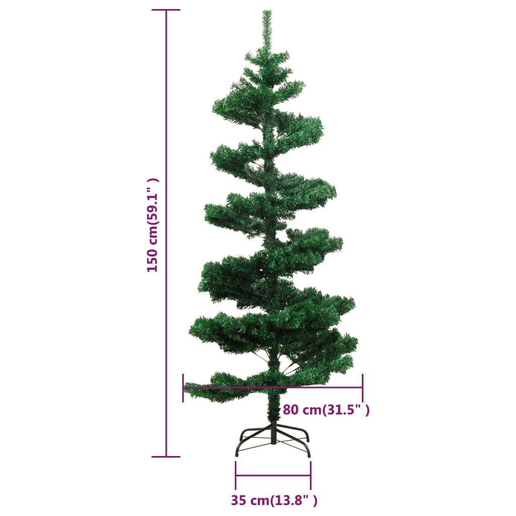 Brad Crăciun pre-iluminat ondulat cu suport, verde, 150 cm, PVC