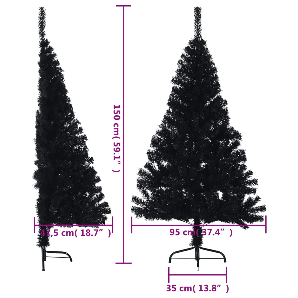 Jumătate de brad de Crăciun cu suport, negru, 150 cm, PVC