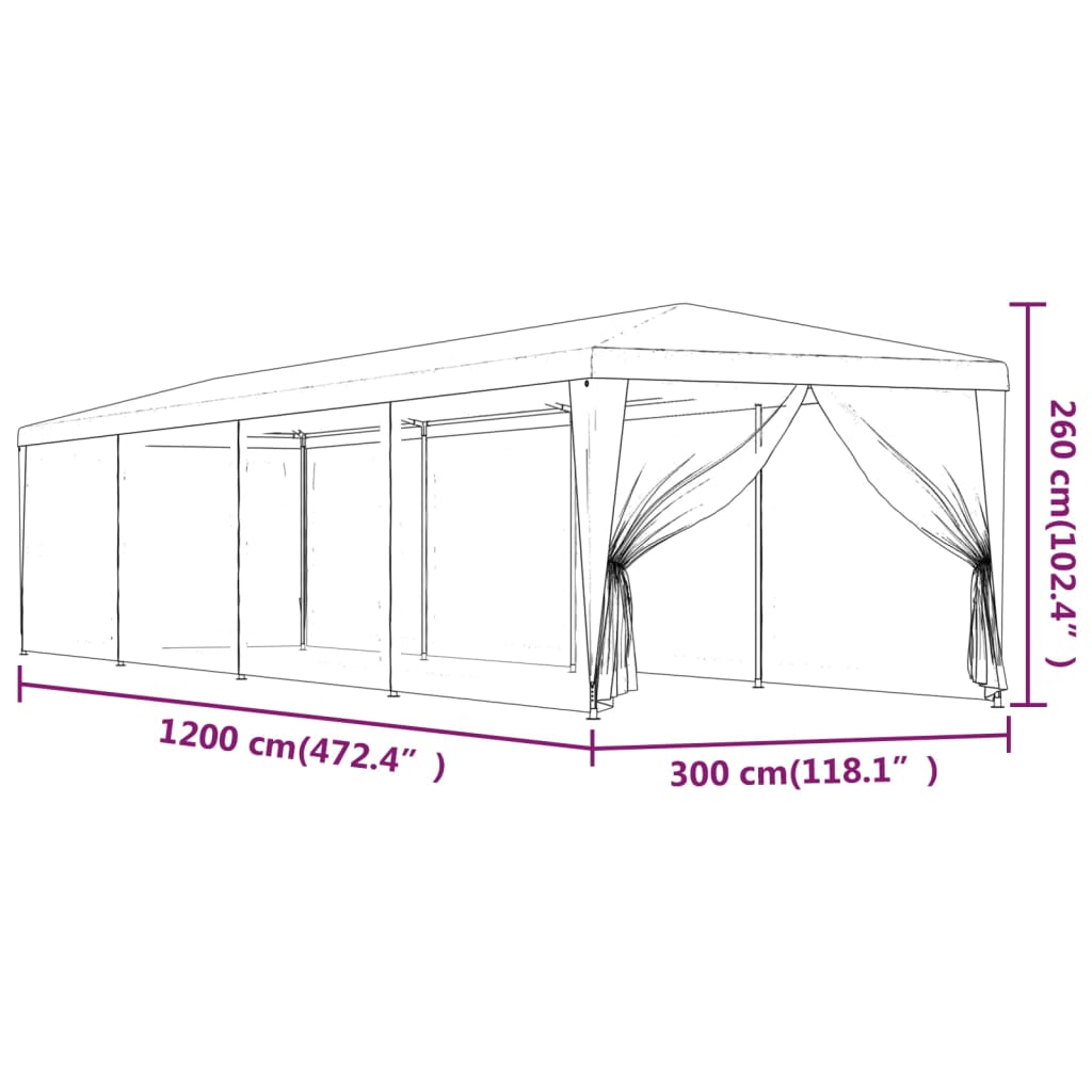 Cort de petrecere cu 10 pereți din plasă, albastru, 3x12 m HDPE