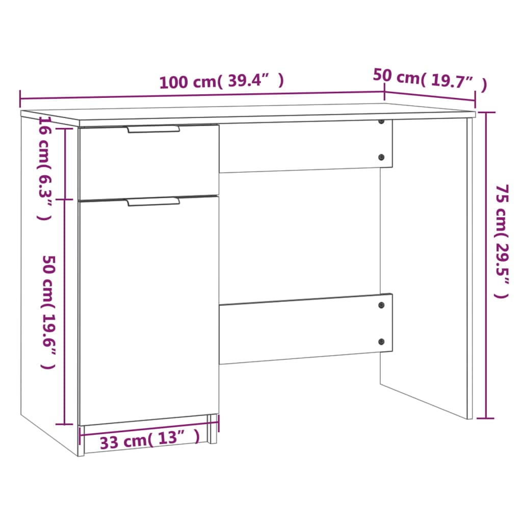 Birou, alb extralucios, 100x50x75 cm, lemn prelucrat