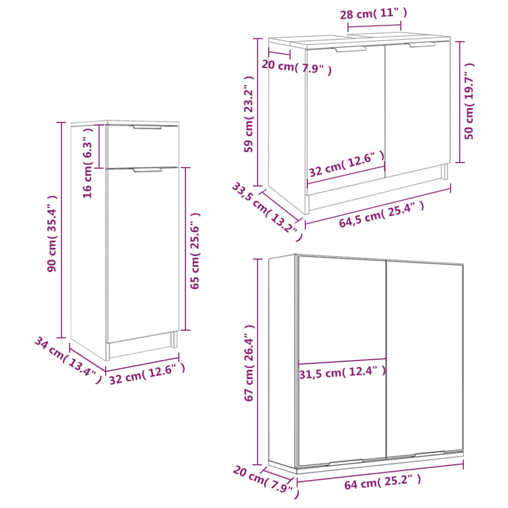 Set dulapuri de baie, 3 piese, gri beton, lemn prelucrat