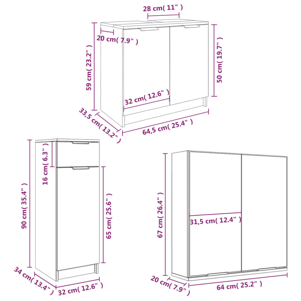 Set dulapuri de baie, 4 piese, gri beton, lemn prelucrat