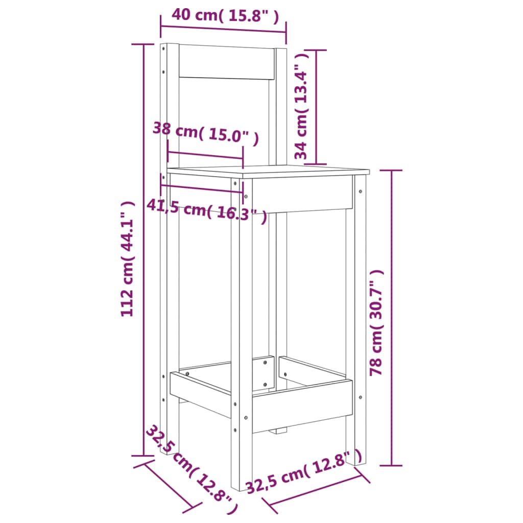 Scaune de bar, 2 buc., alb,40x41,5x112 cm, lemn masiv de pin