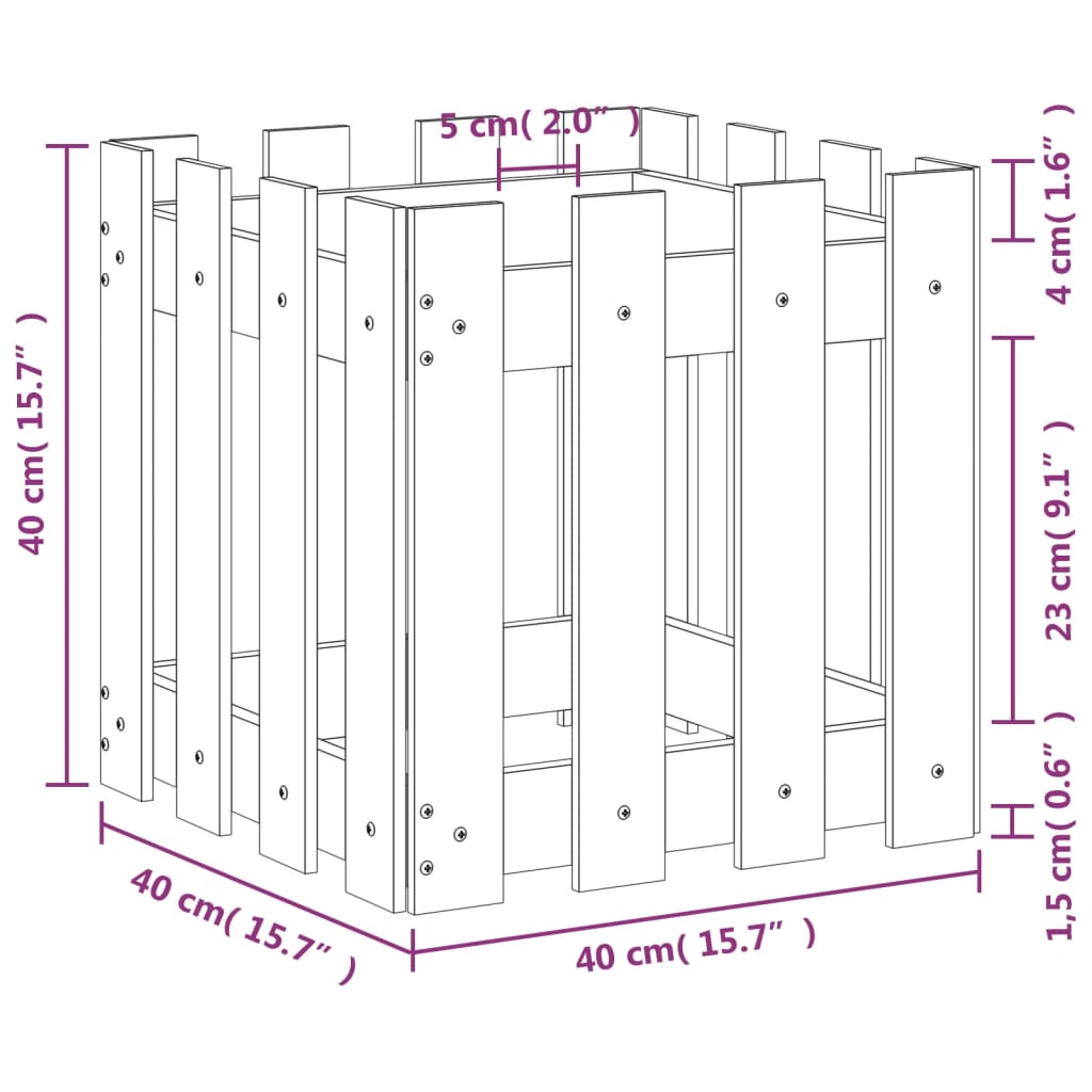 Jardinieră grădină design gard, alb, 40x40x40 cm lemn masiv pin