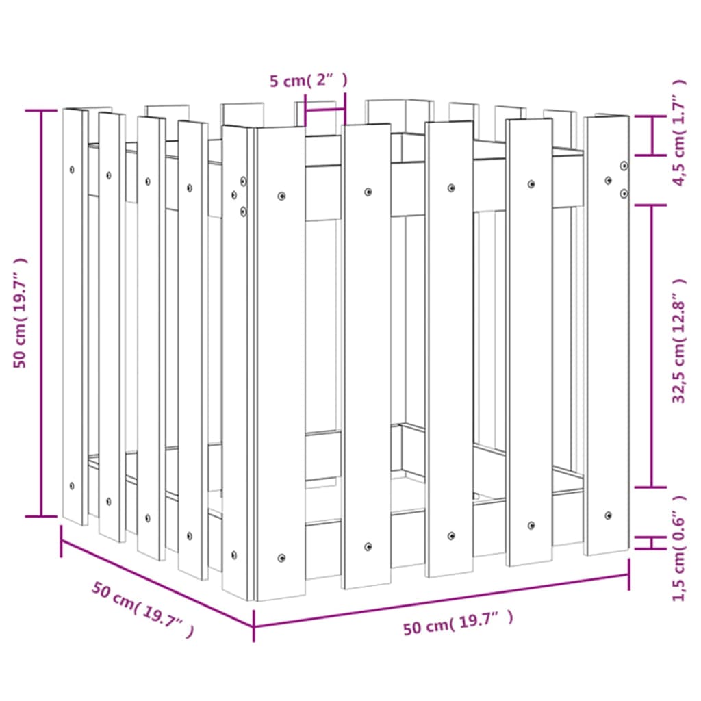 Jardinieră grădină design gard 50x50x50cm lemn de pin impregnat