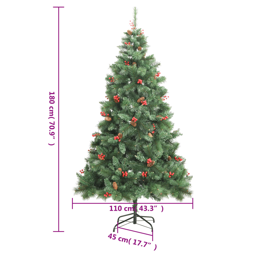 Pom Crăciun artificial cu balamale, conuri, fructe roșii 180 cm