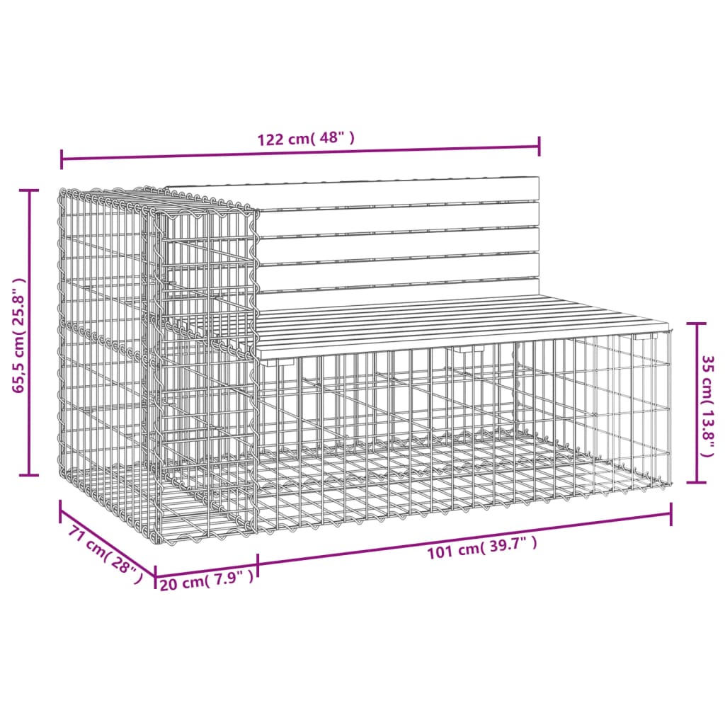 Bancă de grădină design gabion 122x71x65,5cm lemn pin impregnat