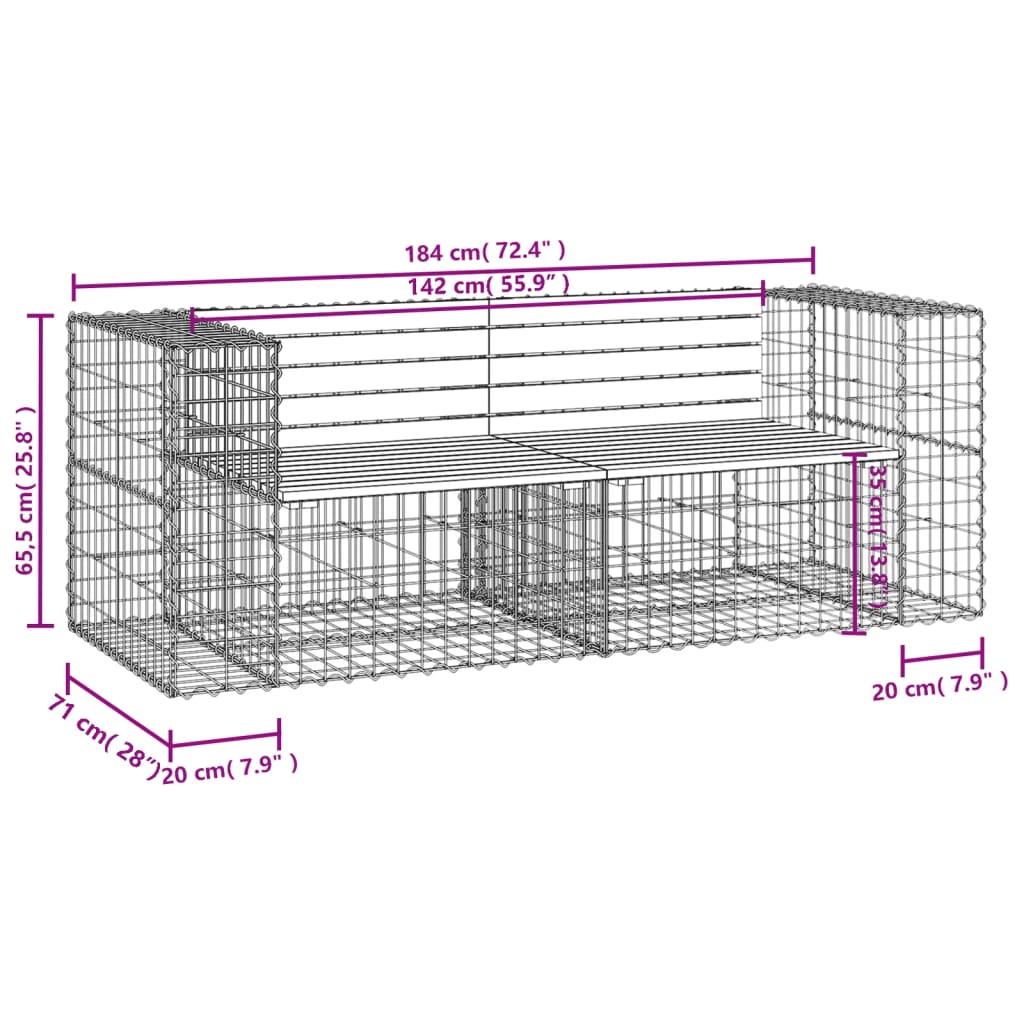 Bancă de grădină cu gabion, 184x71x65,5 cm, lemn masiv Douglas