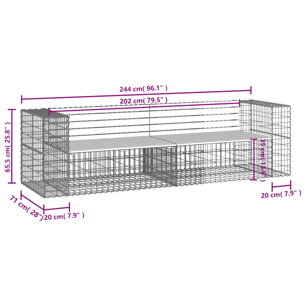 Bancă de grădină cu gabion, 244x71x65,5 cm, lemn masiv Douglas