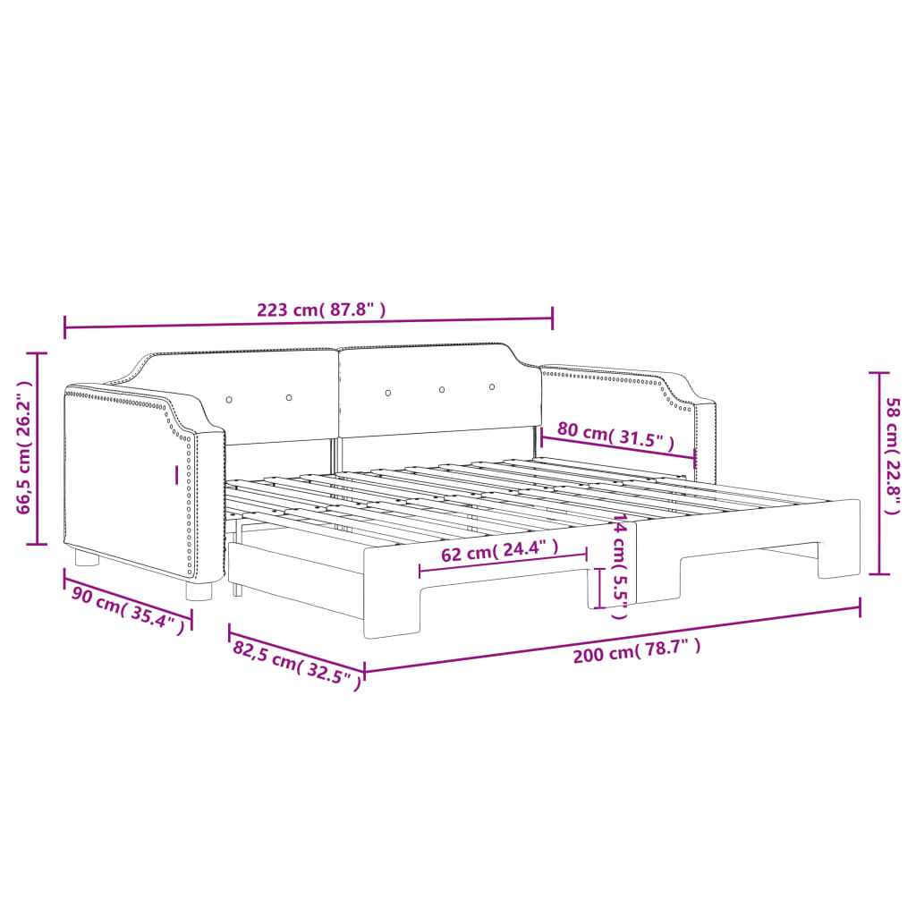 Pat de zi cu extensie, negru, 80x200 cm, textil