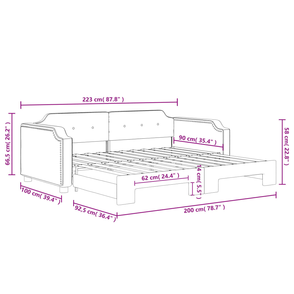 Pat de zi cu extensie, crem, 90x200 cm, textil