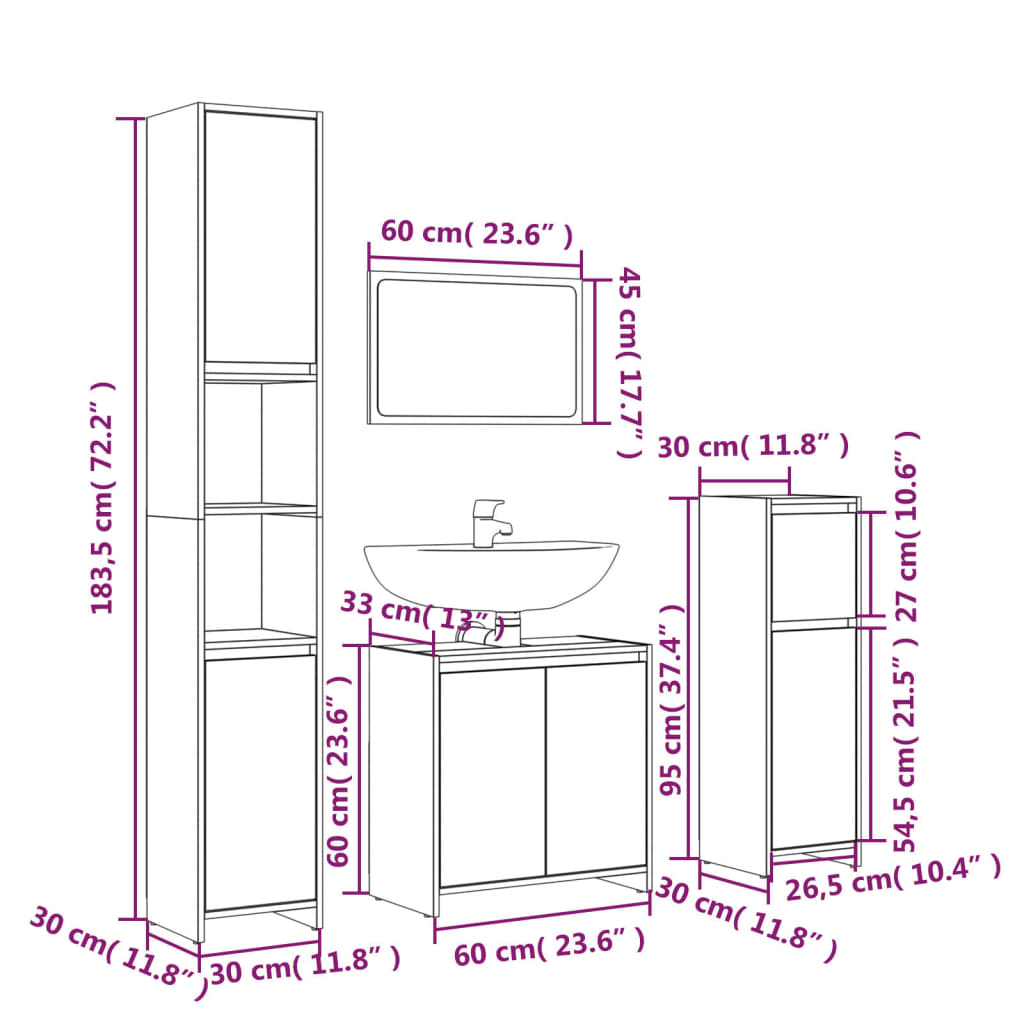 Set mobilier de baie, 4 piese, stejar fumuriu, lemn prelucrat