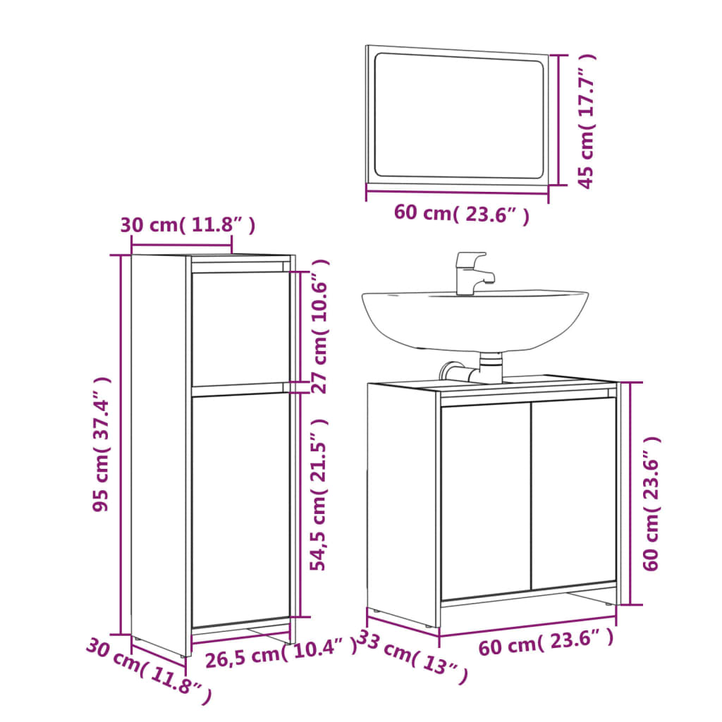 Set mobilier de baie, 3 piese, stejar maro, lemn prelucrat