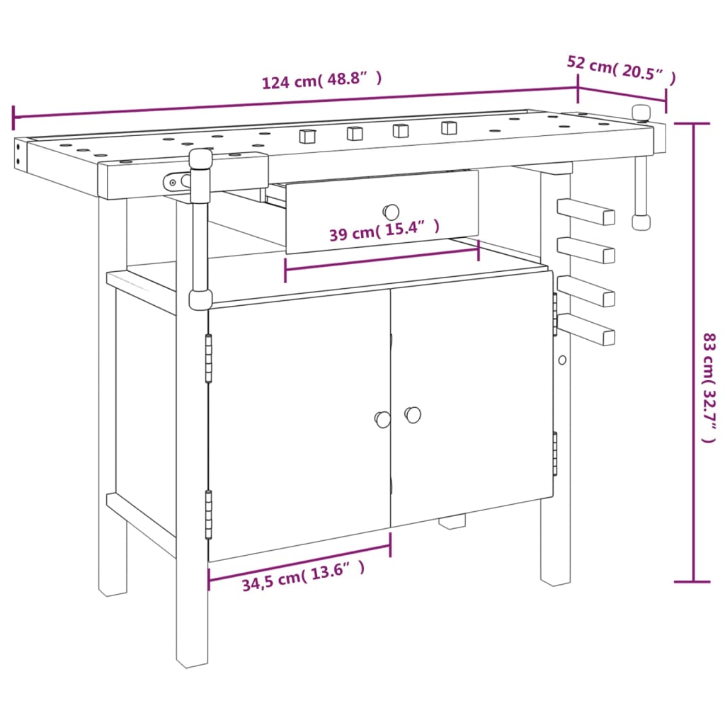 Banc de lucru cu sertar și menghine, 124x52x83 cm, lemn acacia