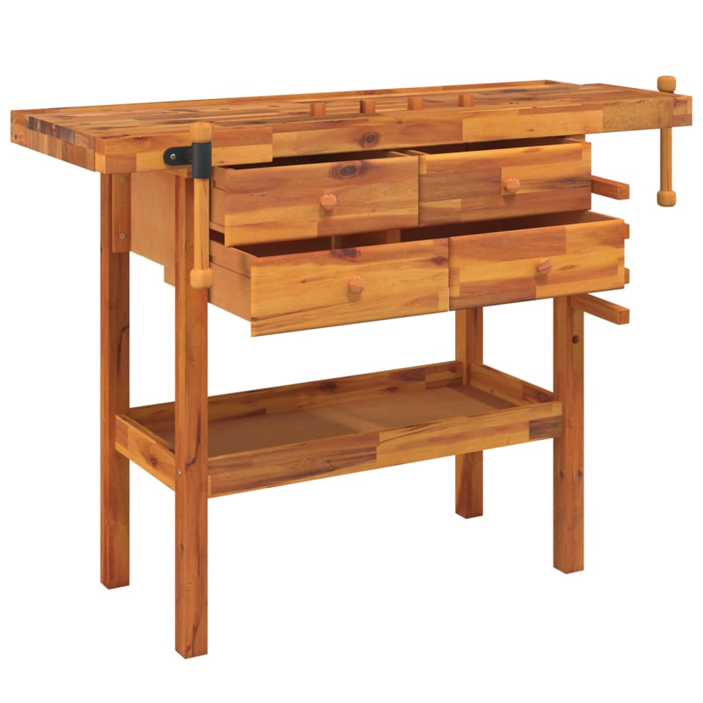 Banc de lucru cu sertare și menghine, 124x52x83 cm, lemn acacia