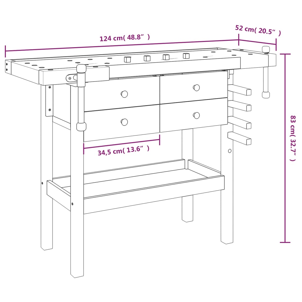 Banc de lucru cu sertare și menghine, 124x52x83 cm, lemn acacia