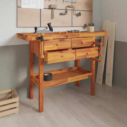 Banc de lucru cu sertare și menghine, 124x52x83 cm, lemn acacia