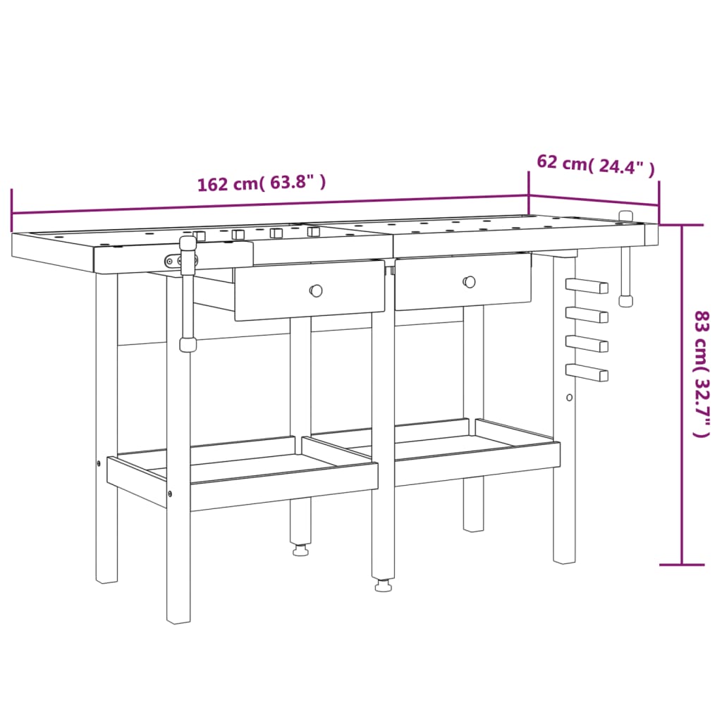 Banc de lucru cu sertare și menghine, 162x62x83 cm, lemn acacia