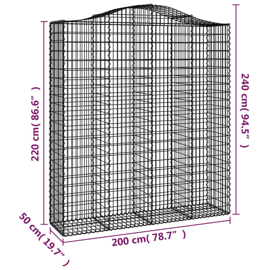 Coșuri gabion arcuite, 2 buc, 200x50x220/240cm, fier galvanizat