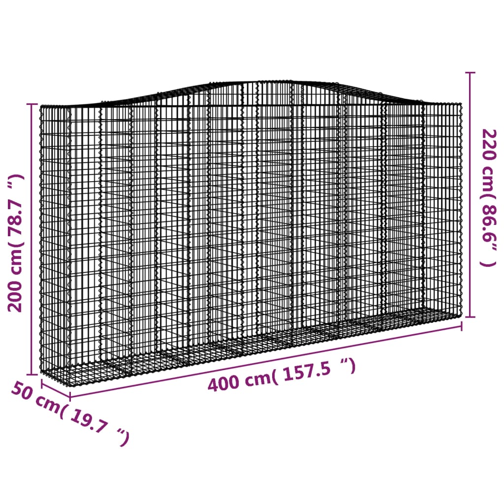 Coșuri gabion arcuite, 2 buc 400x50x200/220 cm, fier galvanizat