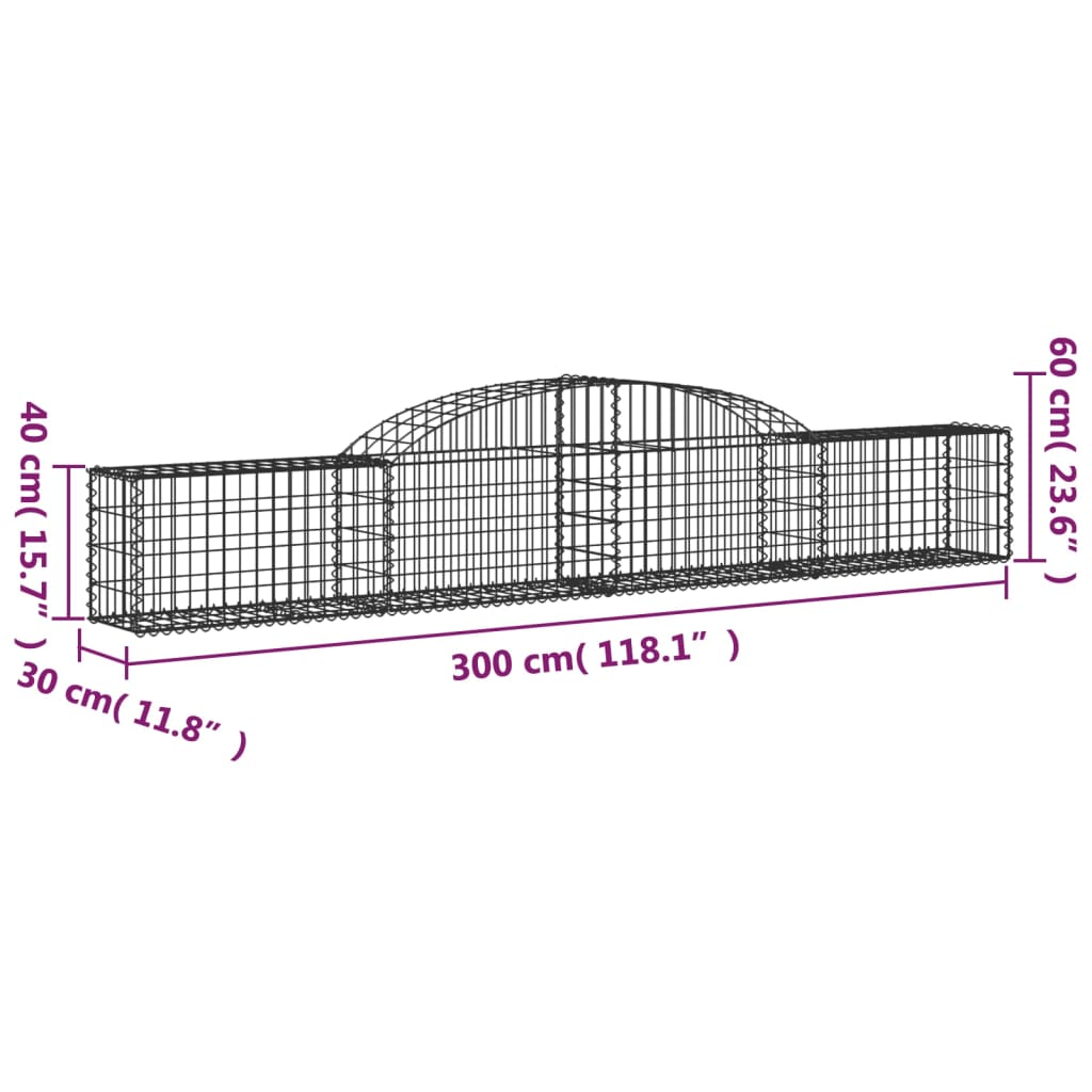 Coșuri gabion arcuite, 2 buc., 300x30x40/60 cm, fier galvanizat