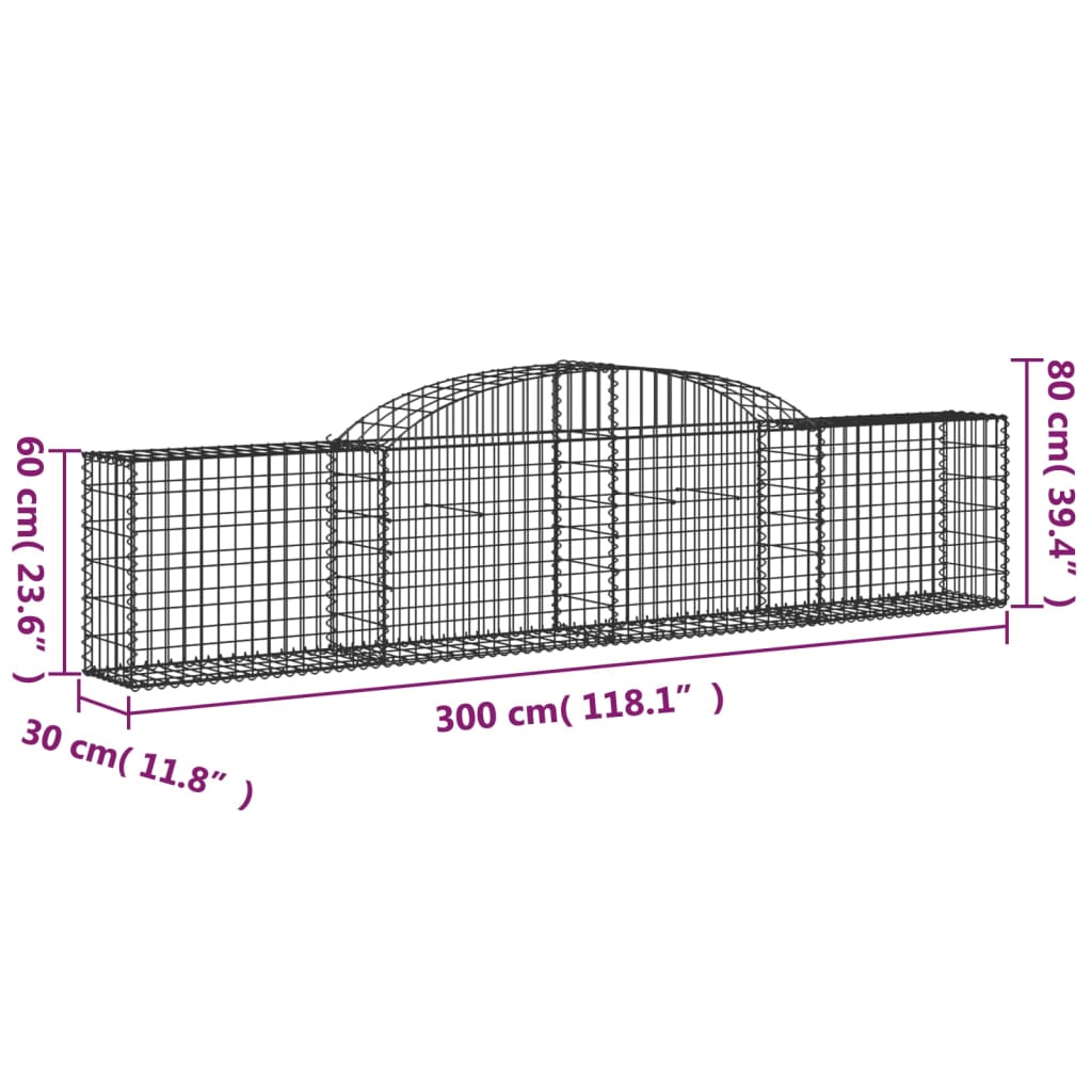 Coșuri gabion arcuite, 2 buc., 300x30x60/80 cm, fier galvanizat