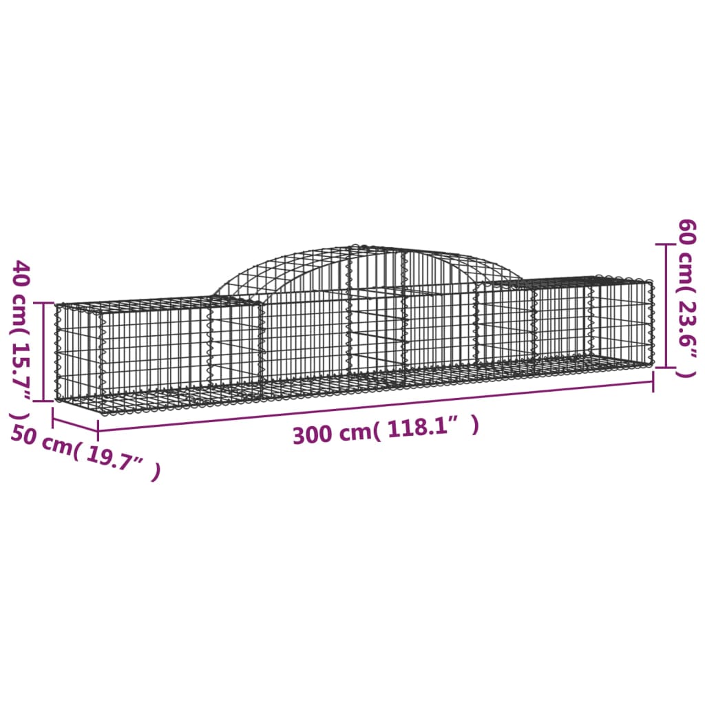 Coșuri gabion arcuite, 2 buc., 300x50x40/60 cm, fier galvanizat