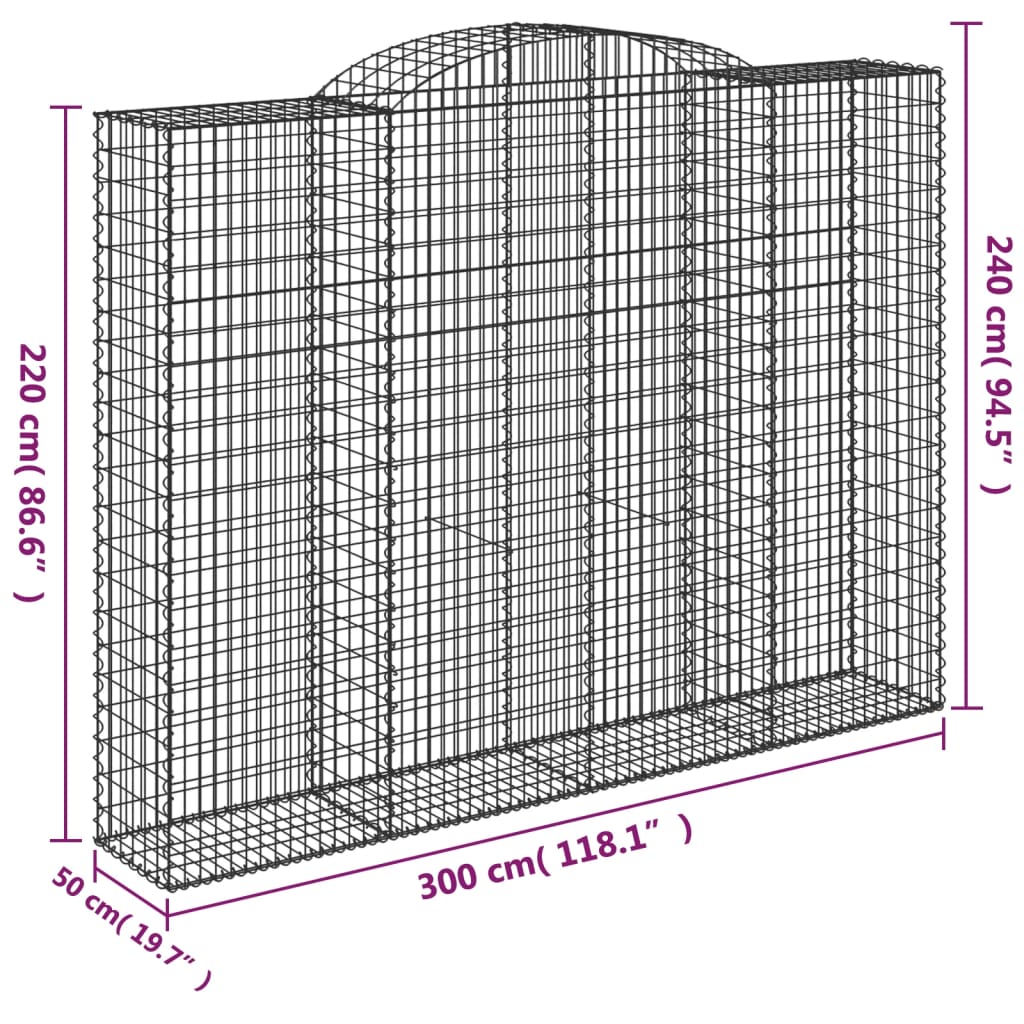 Coșuri gabion arcuite, 2 buc, 300x50x220/240cm, fier galvanizat