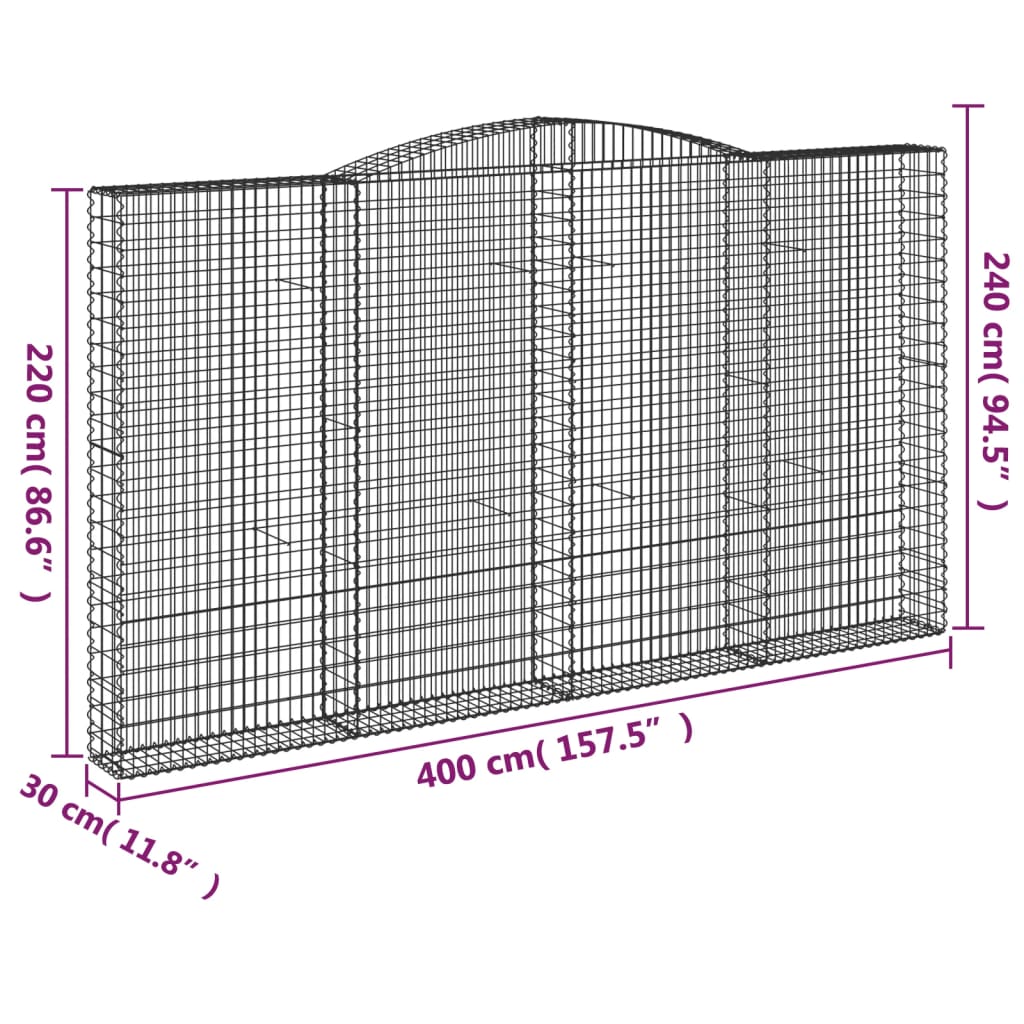 Coșuri gabion arcuite, 2 buc, 400x30x220/240cm, fier galvanizat