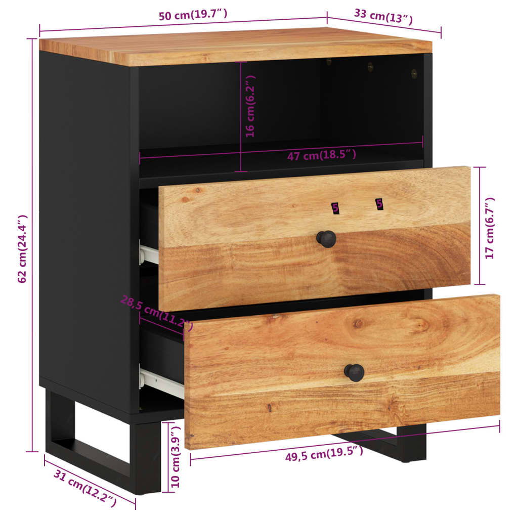 Noptieră, 50x33x62 cm, lemn masiv acacia și lemn prelucrat