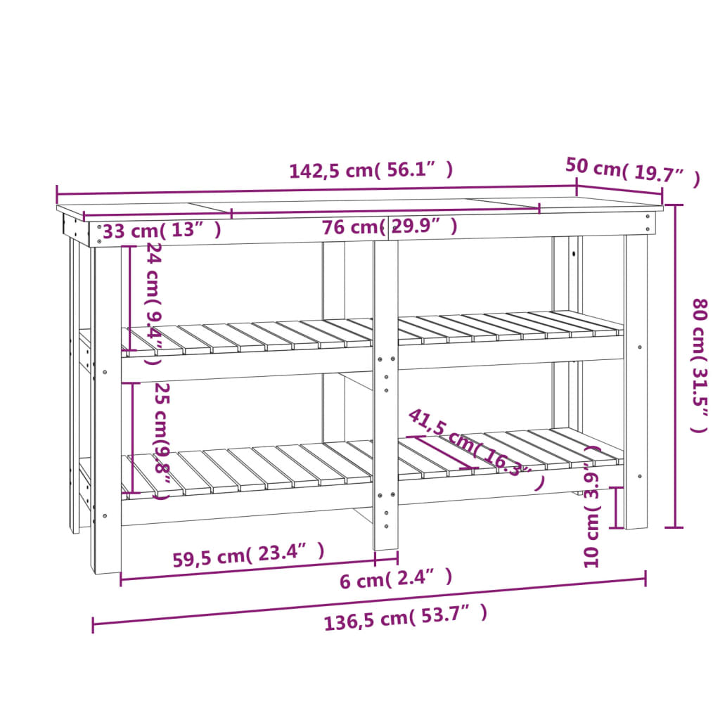 Banc de lucru, alb, 142,5x50x80 cm, lemn masiv pin