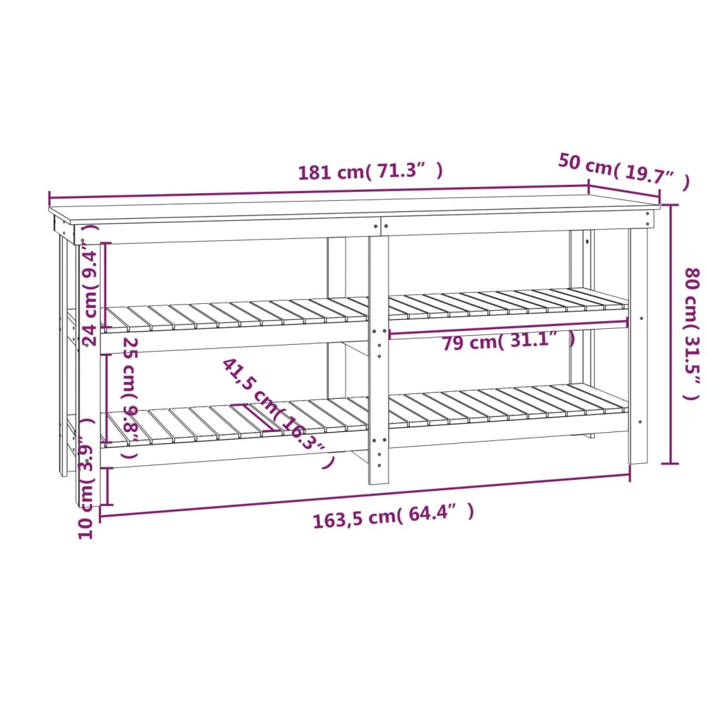 Banc de lucru, alb, 181x50x80 cm, lemn masiv pin