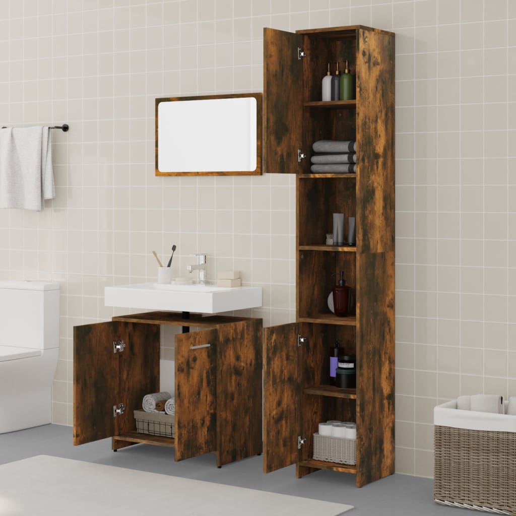 Set mobilier de baie, 3 piese, stejar fumuriu, lemn prelucrat