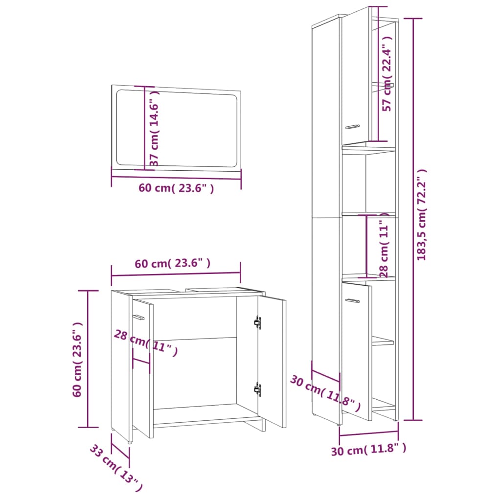 Set mobilier de baie, 3 piese, stejar fumuriu, lemn prelucrat
