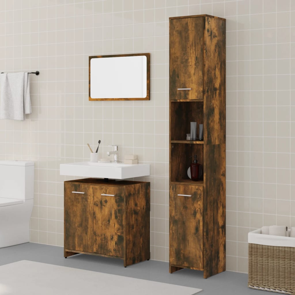 Set mobilier de baie, 3 piese, stejar fumuriu, lemn prelucrat