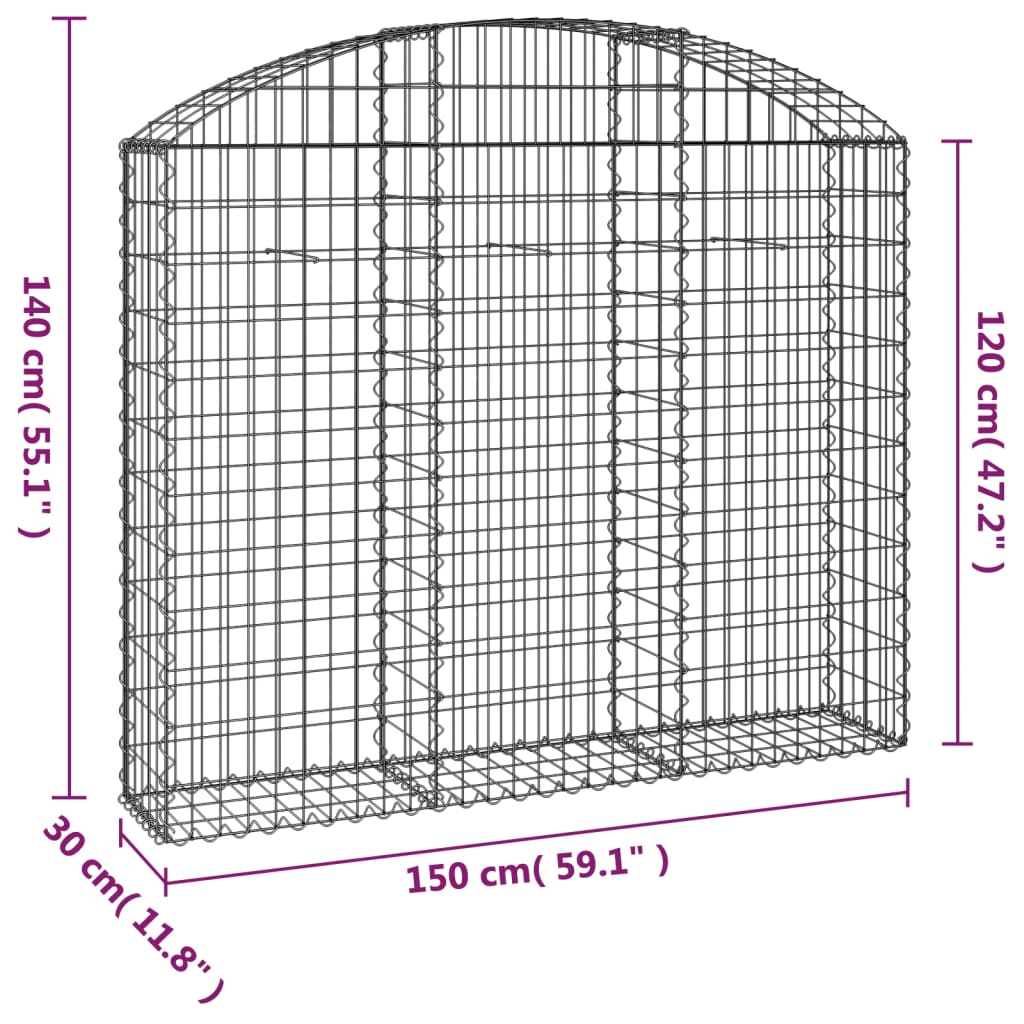 Coș gabion arcuit, 150x30x120/140 cm, fier galvanizat