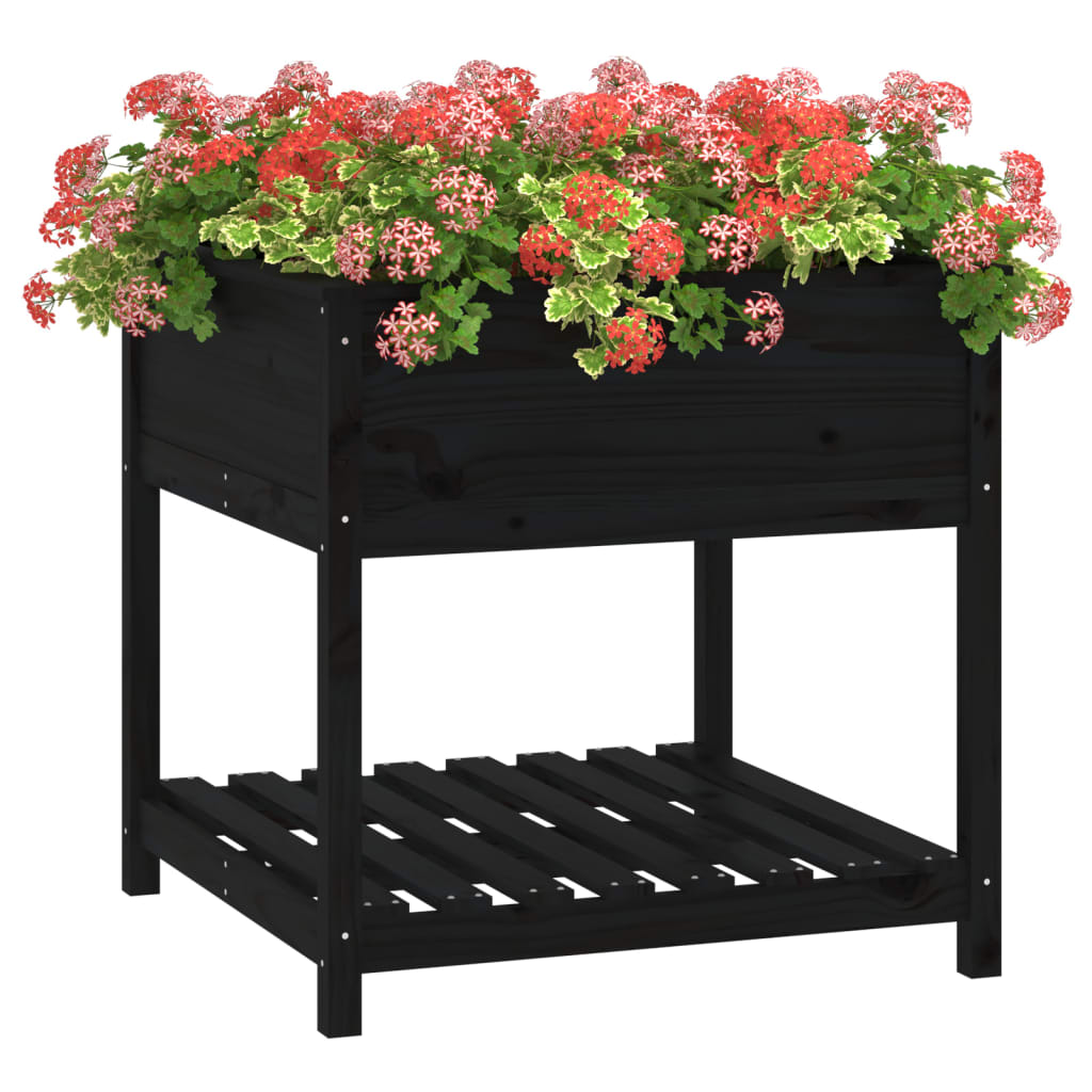 Jardinieră cu raft, negru, 82,5x82,5x81 cm, lemn masiv de pin