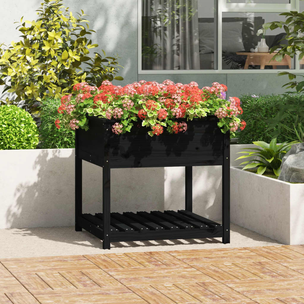 Jardinieră cu raft, negru, 82,5x82,5x81 cm, lemn masiv de pin