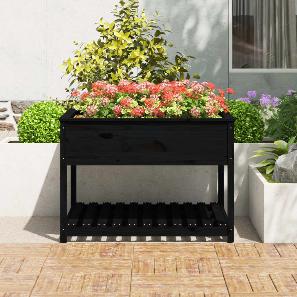 Jardinieră cu raft, negru, 111,5x111,5x81 cm, lemn masiv de pin