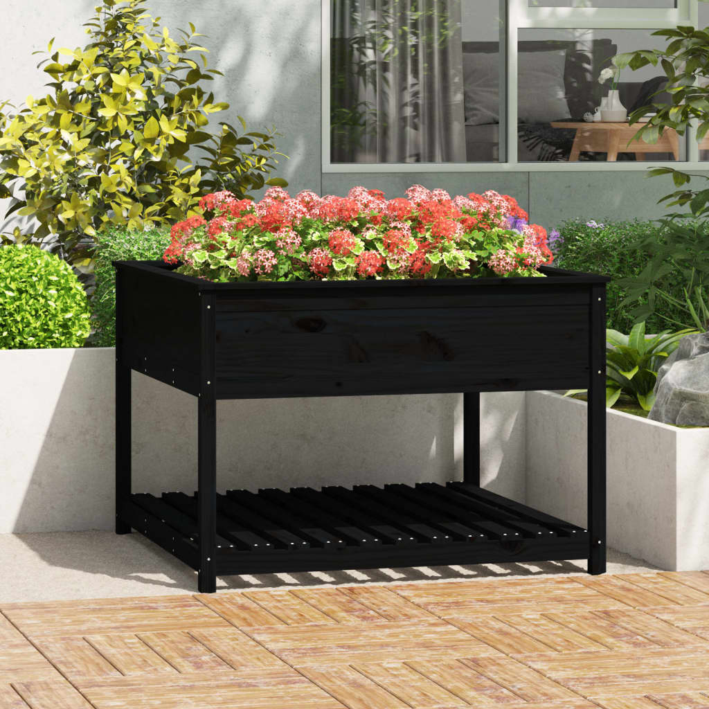 Jardinieră cu raft, negru, 111,5x111,5x81 cm, lemn masiv de pin