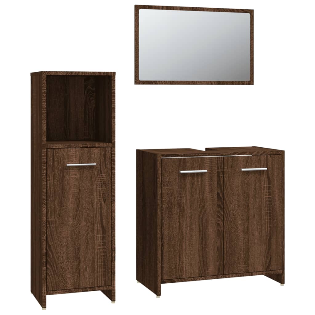 Set mobilier de baie, 3 piese, stejar maro, lemn prelucrat