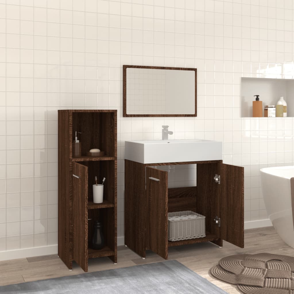 Set mobilier de baie, 3 piese, stejar maro, lemn prelucrat