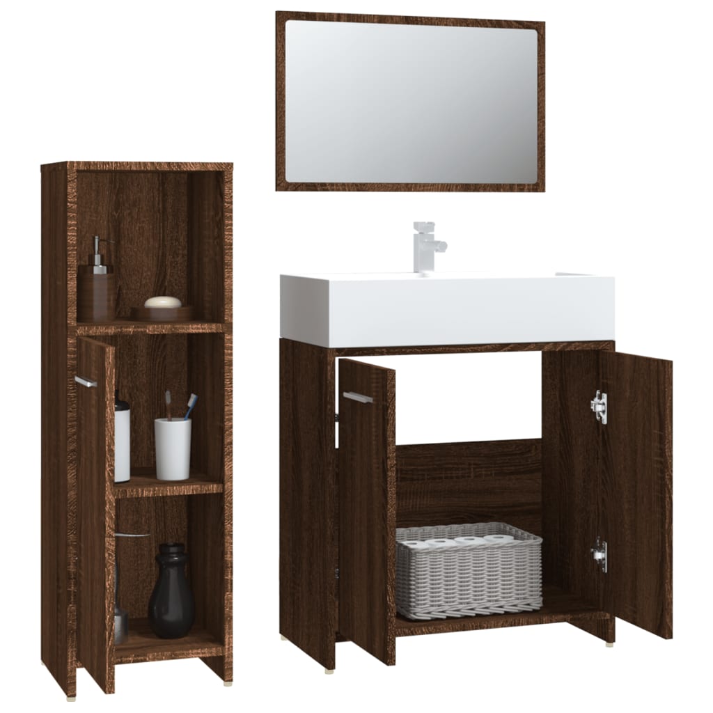 Set mobilier de baie, 3 piese, stejar maro, lemn prelucrat
