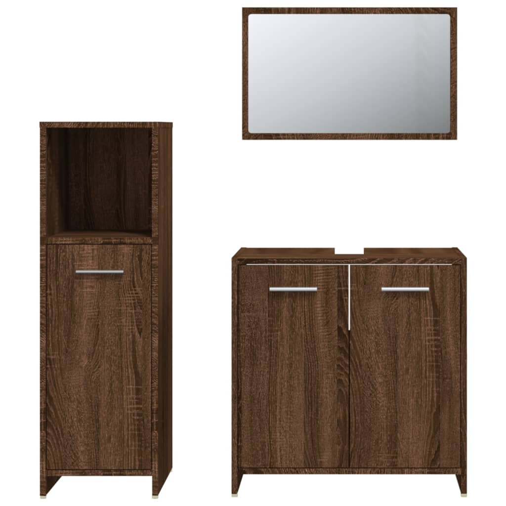 Set mobilier de baie, 3 piese, stejar maro, lemn prelucrat