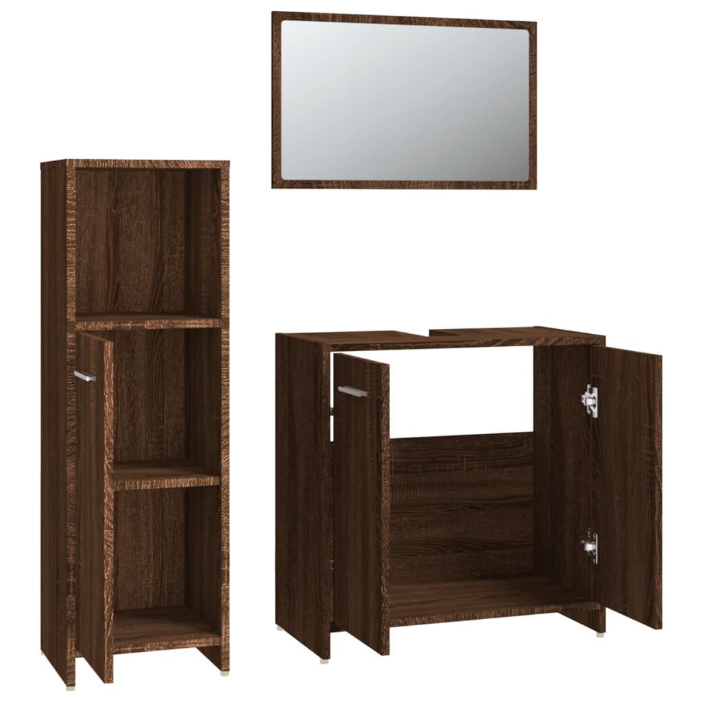 Set mobilier de baie, 3 piese, stejar maro, lemn prelucrat