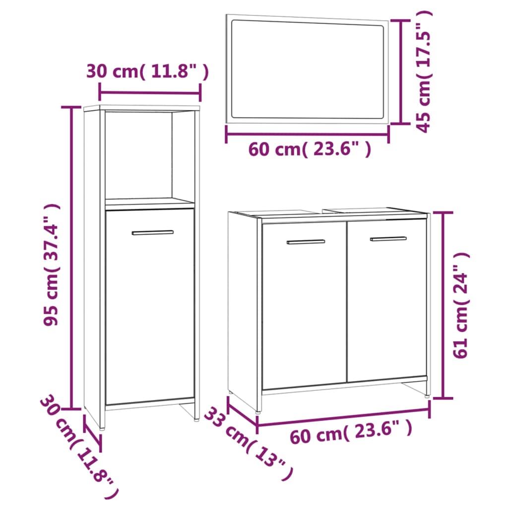 Set mobilier de baie, 3 piese, stejar maro, lemn prelucrat