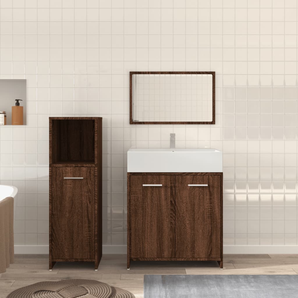 Set mobilier de baie, 3 piese, stejar maro, lemn prelucrat