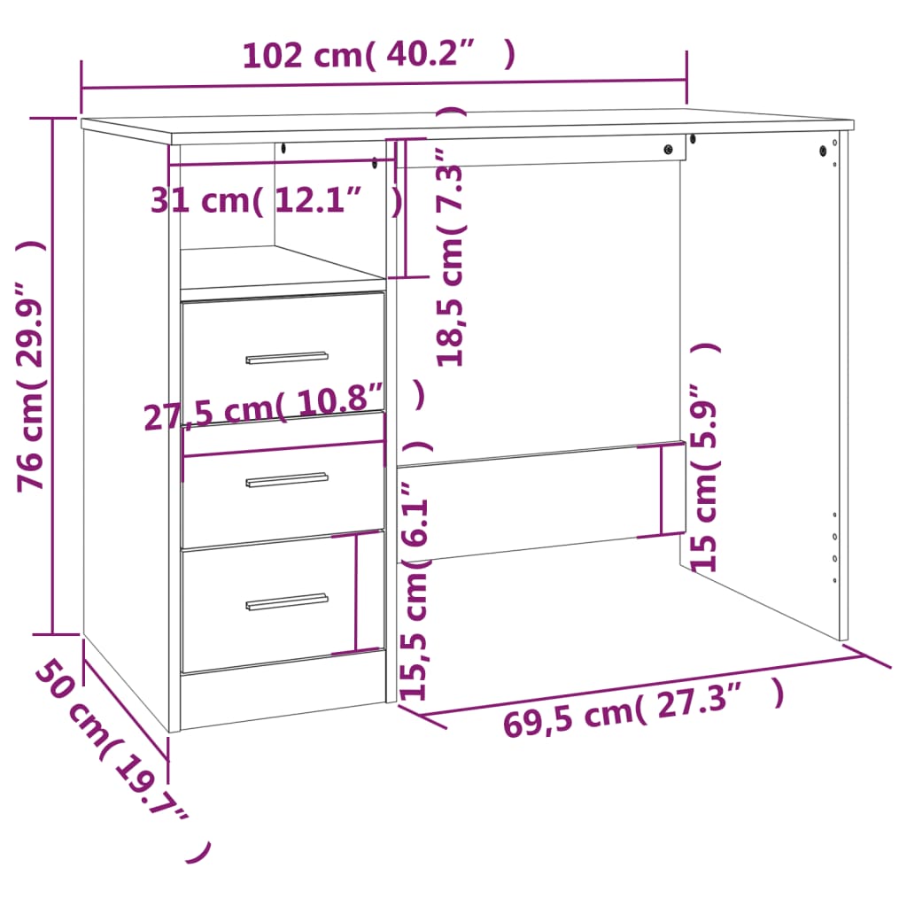 Birou cu sertare, gri beton, 102x50x76 cm, lemn prelucrat